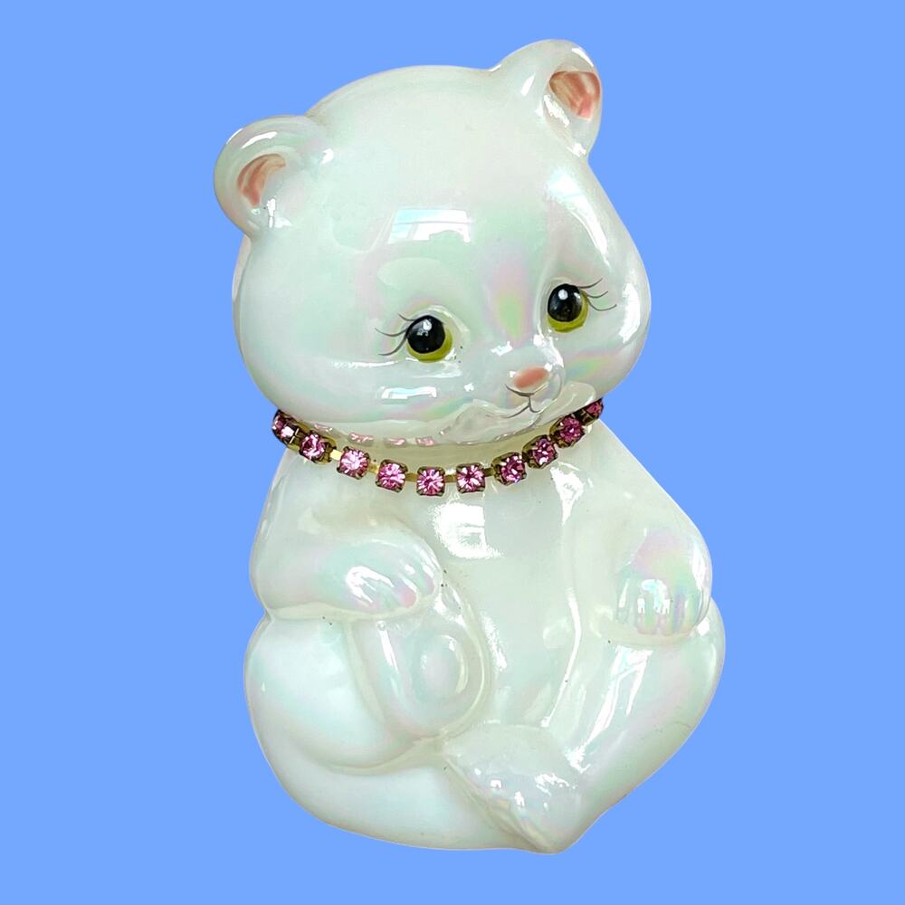 Fenton October Birthstone Bear Iridescent Glass Pink Rhinestone Collar Signed